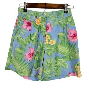 Lauren Ralph Lauren Petite Linen Tropical‎ Floral Shorts Blue Pink 2P High Rise